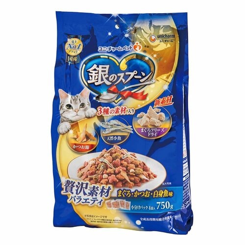 猫用ドライフードおすすめ ユニ・チャーム 銀のスプーン 贅沢素材バラエティ まぐろ・かつお・白身魚味 イメージ1