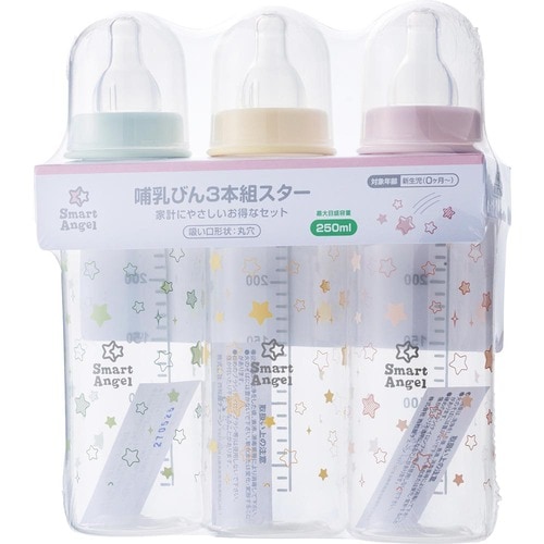 哺乳瓶おすすめ 西松屋 SmartAngel 哺乳びん3本組 プラスチック製 250ml(スター) イメージ