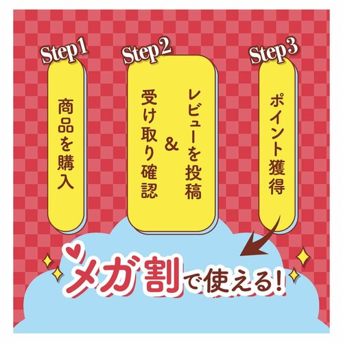 Step1 商品を購入　Step2 受け取り確認＆レビューを投稿　Step3 ポイント獲得　メガ割で使える！