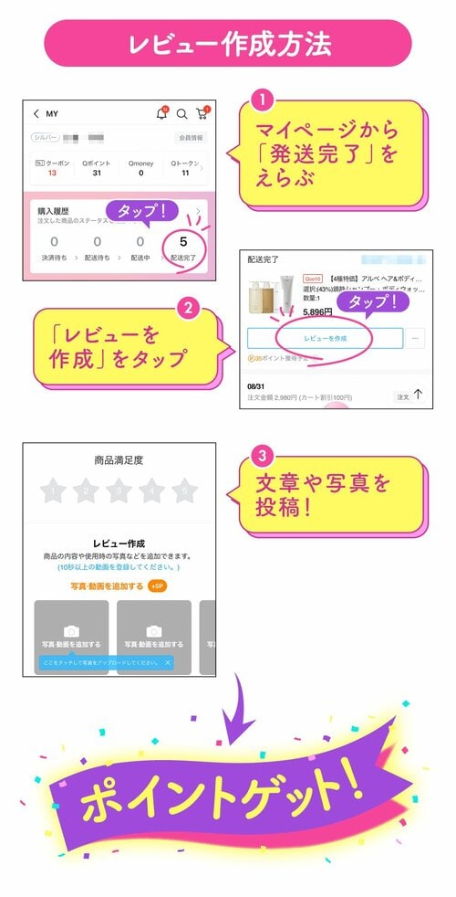 レビュー作成方法 1 マイページから「発送完了」をえらぶ 2 「レビューを作成」をタップ 3 文章や写真を投稿！ ポイントゲット！