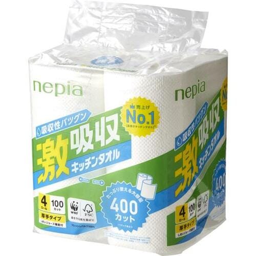 王子ネピア:ネピア 激吸収 キッチンタオル 4ロール 2枚重ね 100カット:キッチンペーパー