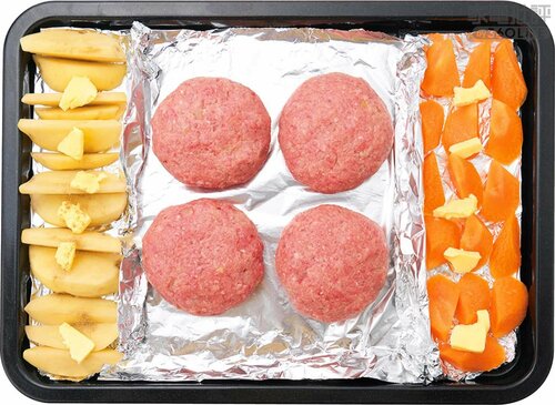 ［焼き］ハンバーグ&野菜：ジャガイモがホクホクで美味 オーブンレンジおすすめ イメージ