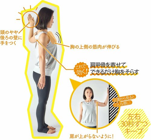 2:壁に手をついて胸を反らす ズボラストレッチおすすめ イメージ